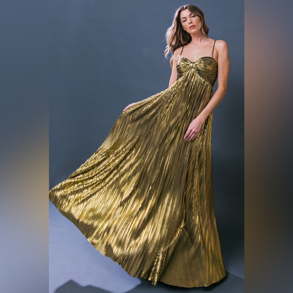 Flying Tomato Metallic Gold Pleated Maxi Dress